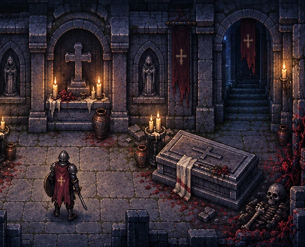 Concept illustration of a candlelit stone crypt and tombs
