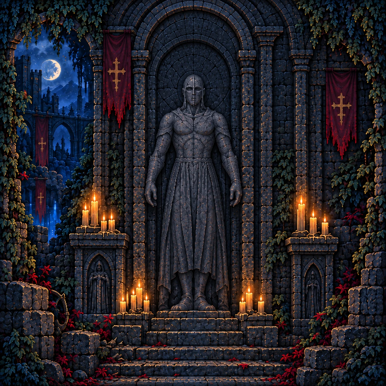 An unarmoured stone effigy in a candlelit burial alcove