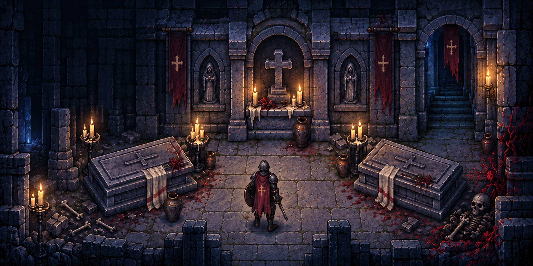 A traveller enters a candlelit crypt
