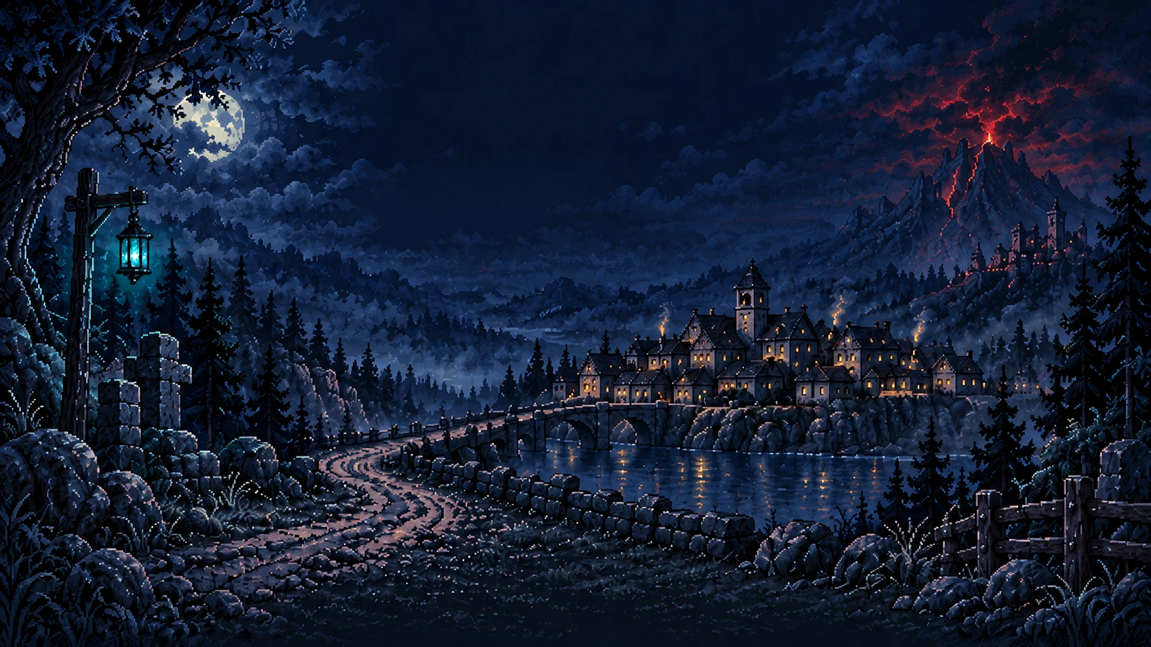 Concept art of a moonlit road leading toward a lamplit town across the water