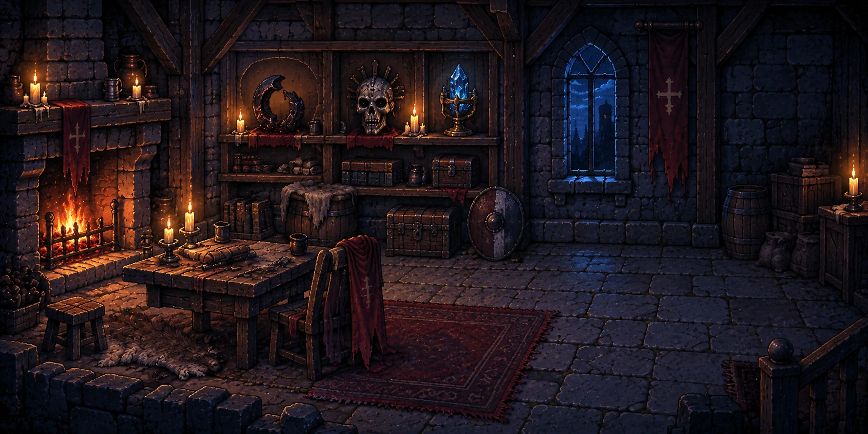 Concept illustration of a candlelit home with a hearth and shelves displaying trophies