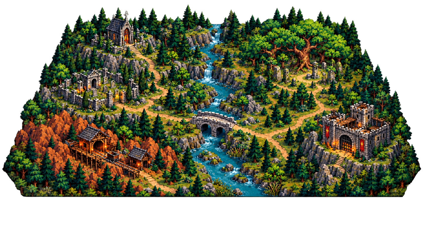 The miniature woodland, river and stone landmarks used in the game's destination selector