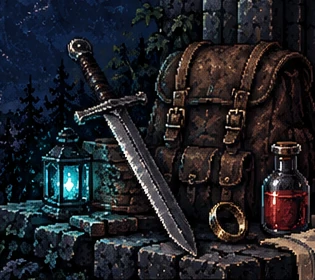 Concept illustration of a sword, lantern, travel bag, ring, and potion
