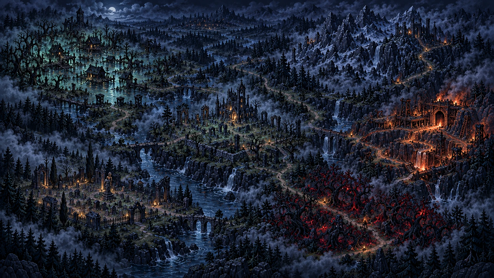 An illustrated realm of wetlands, burial ruins, mountains, mines, graves and tangled forest