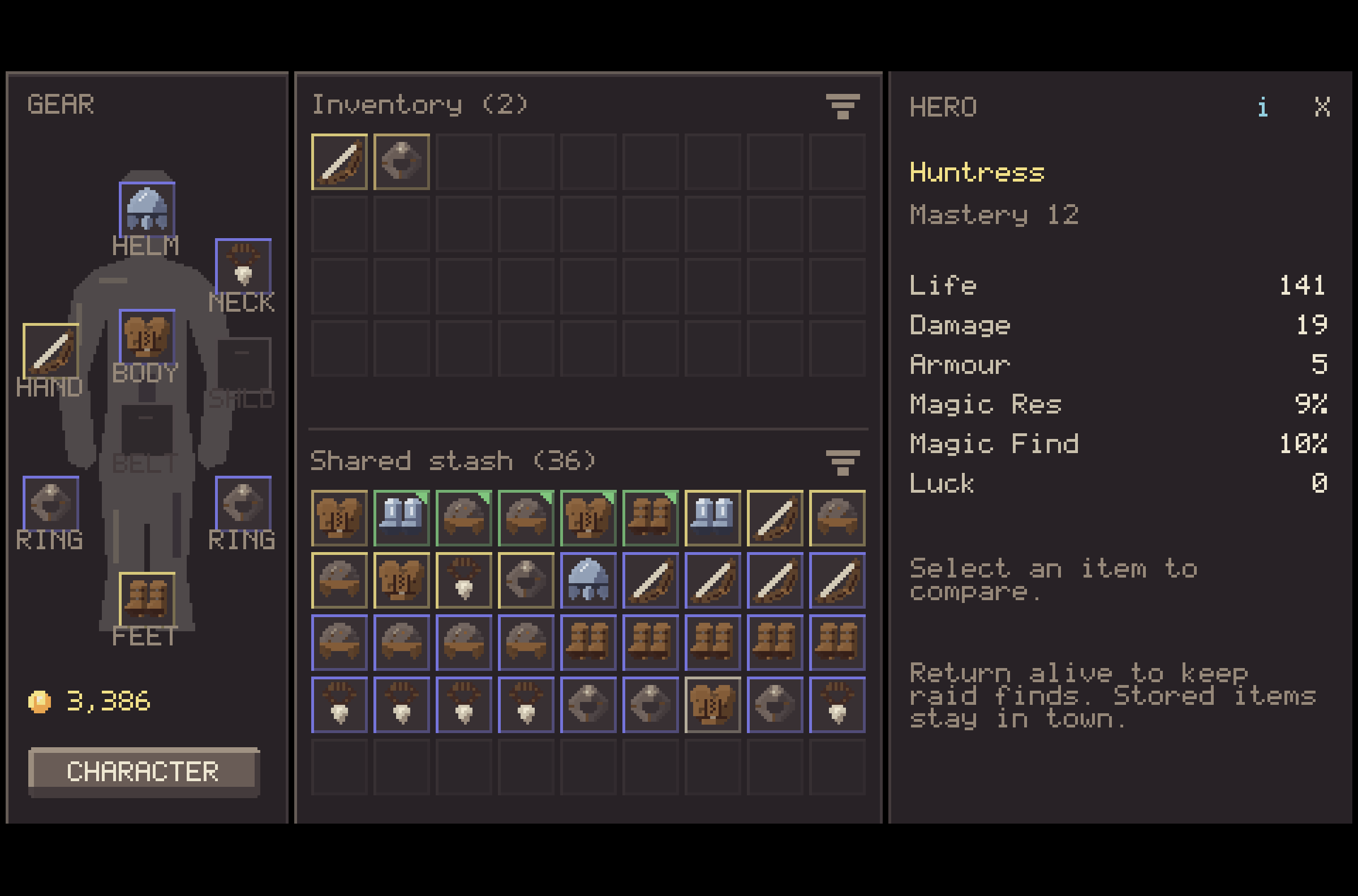 Game inventory screen showing equipped gear at left, carried Inventory above Shared stash in the centre, and hero information at right
