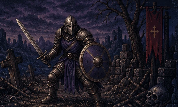 Concept illustration of an armored Warrior holding a sword and shield among ruins